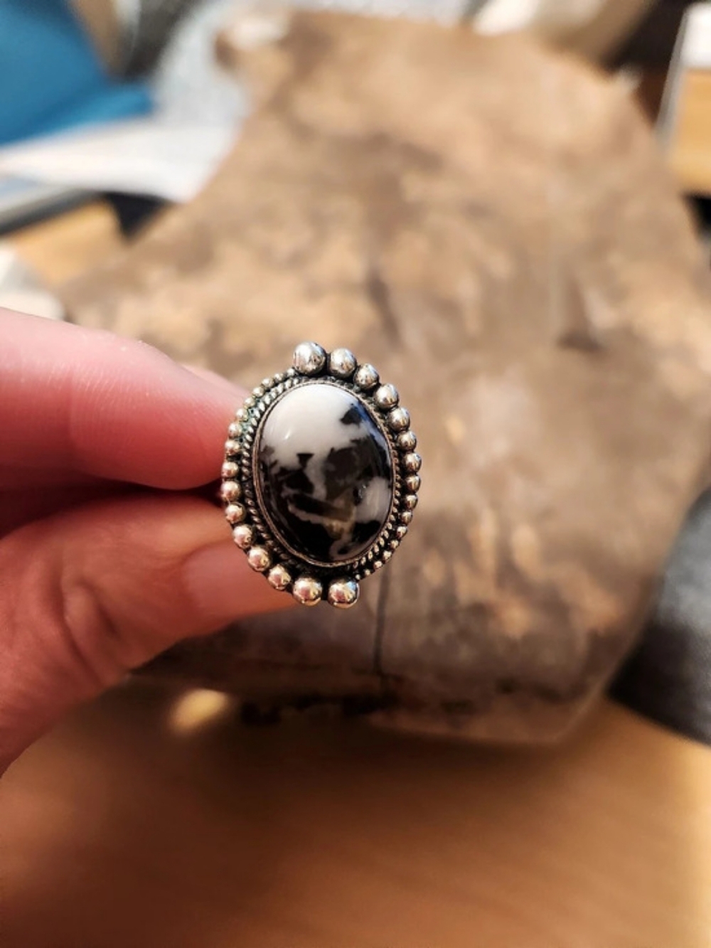 Oval Black And White Stone Sterling Silver Ring